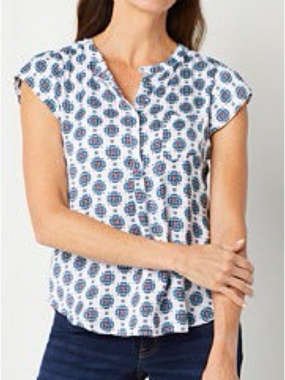 Liz Claiborne White Top with Blue Medallion Print
